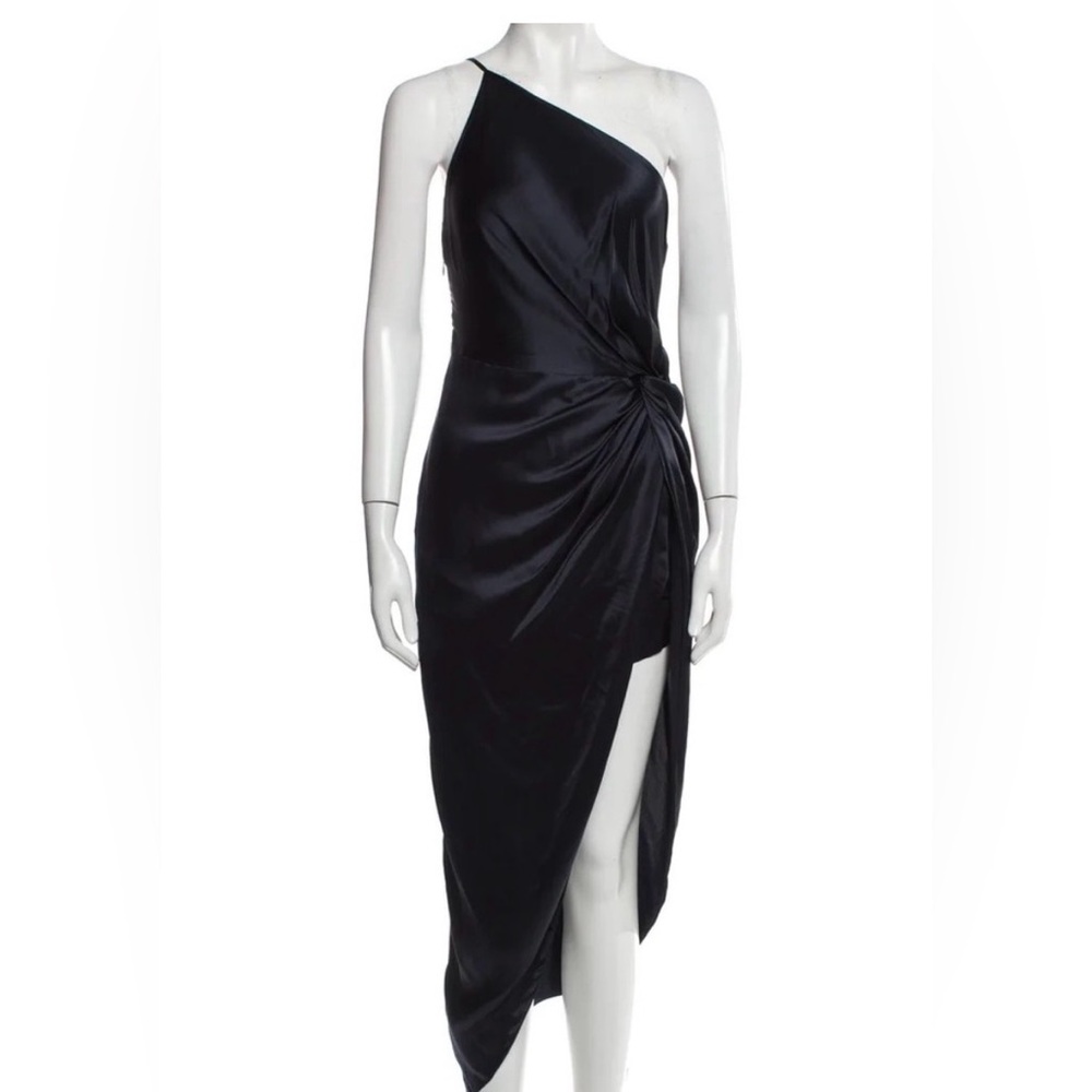 Michelle Mason Twist Silk One Shoulder Asymmetrical Midi Dress Midnight Blue